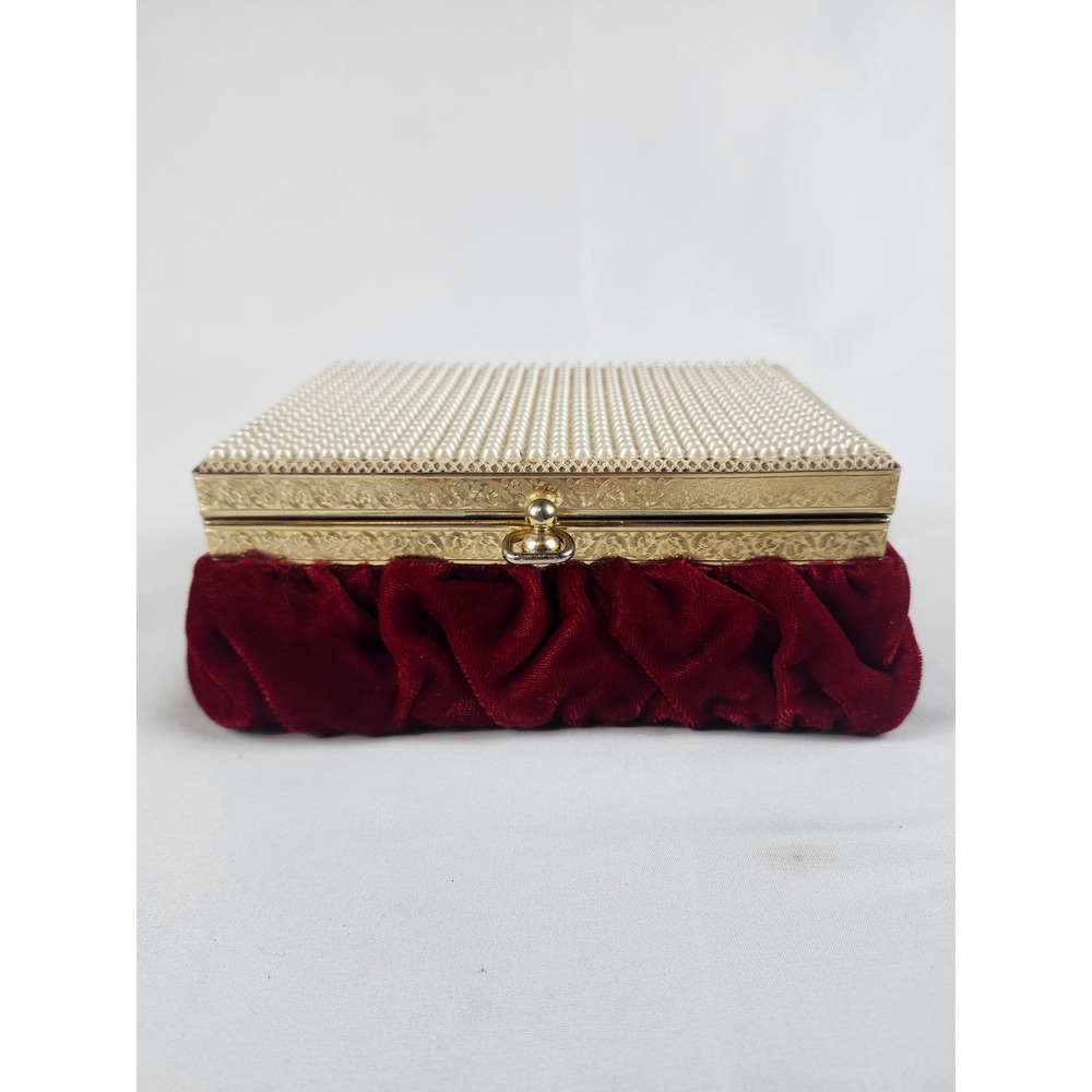 Vintage Pearl Jewelry Box Red Velvet Vanity Trinket Box Mirror Hollywood Regency